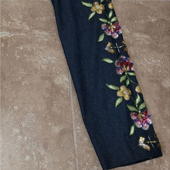 2002 Christian Dior VTG Blue Metallic Denim Pants w/Floral Embellishments - sz 8 - Picture 7 of 14